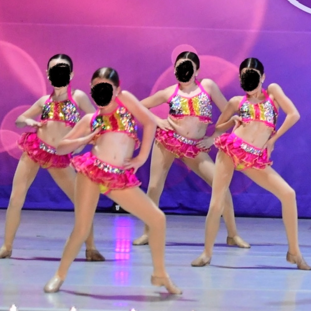 Glamour jazz dance costume, pink 2 piece, solo, duo, trio